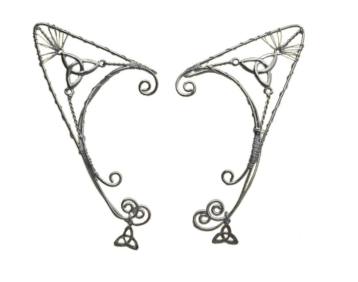 silver trinity knot elf ear cuff earrings non piercing wire wrap ear jewelry front view