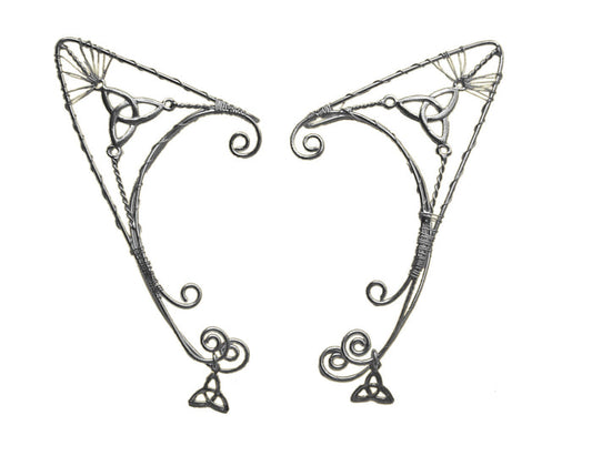 silver trinity knot elf ear cuff earrings non piercing wire wrap ear jewelry front view
