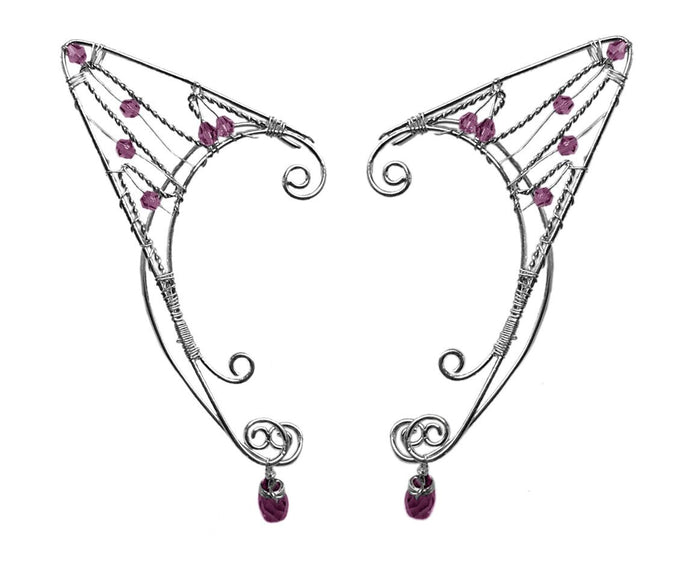 Silver Elf Ear Cuffs – Wire Wrap with Beads | Adjustable Non-Piercing Fantasy Jewelry