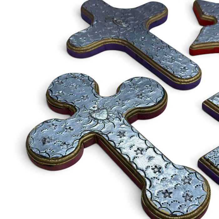 Silver Wooden Crosses w/ Single Milagros