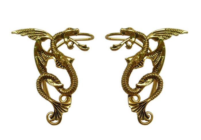 Gold dragon elf ear cuff earrings no piercing fantasy dragon ear wrap jewelry pair front view