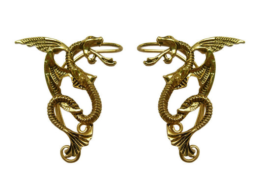 Gold dragon elf ear cuff earrings no piercing fantasy dragon ear wrap jewelry pair front view