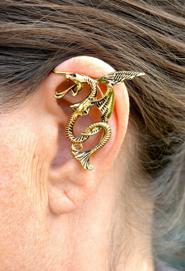 Gold dragon elf ear cuff no piercing fantasy dragon ear wrap jewelry side view worn on ear