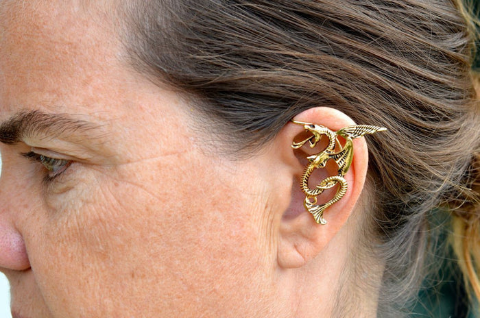 Model wearing Small Dragon Elf Ear Cuffs - Gold Lightweight Non Piercing Fantasy Jewelry