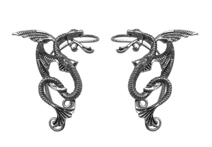 Silver dragon elf ear cuff earrings no piercing fantasy dragon ear wrap jewelry pair front view