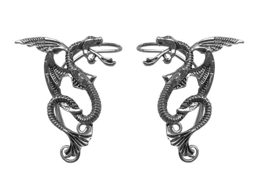 Silver dragon elf ear cuff earrings no piercing fantasy dragon ear wrap jewelry pair front view