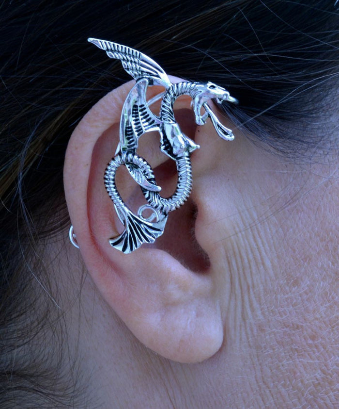 Silver dragon elf ear cuff no piercing fantasy dragon ear wrap jewelry worn side view