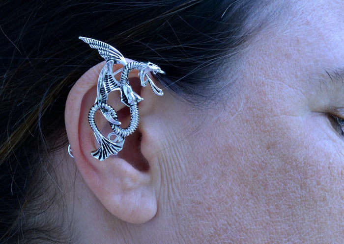 Model wearing Small Dragon Elf Ear Cuffs - Silver No Piercing Fantasy Jewelry