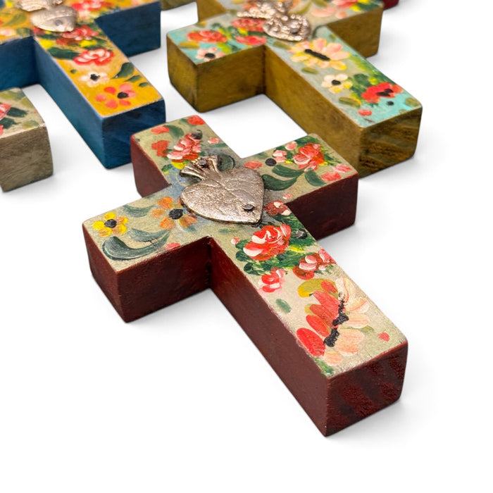 Small Hand Painted Wooden Crosses w/ Single Milagros