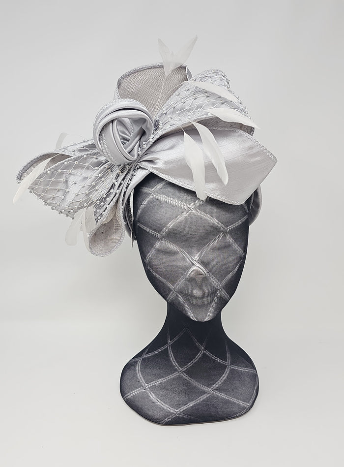 Snoxell & Gwyther Silver Satin Bow Hairband Fascinator
