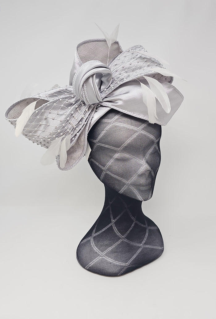 Snoxell & Gwyther Silver Satin Bow Hairband Fascinator
