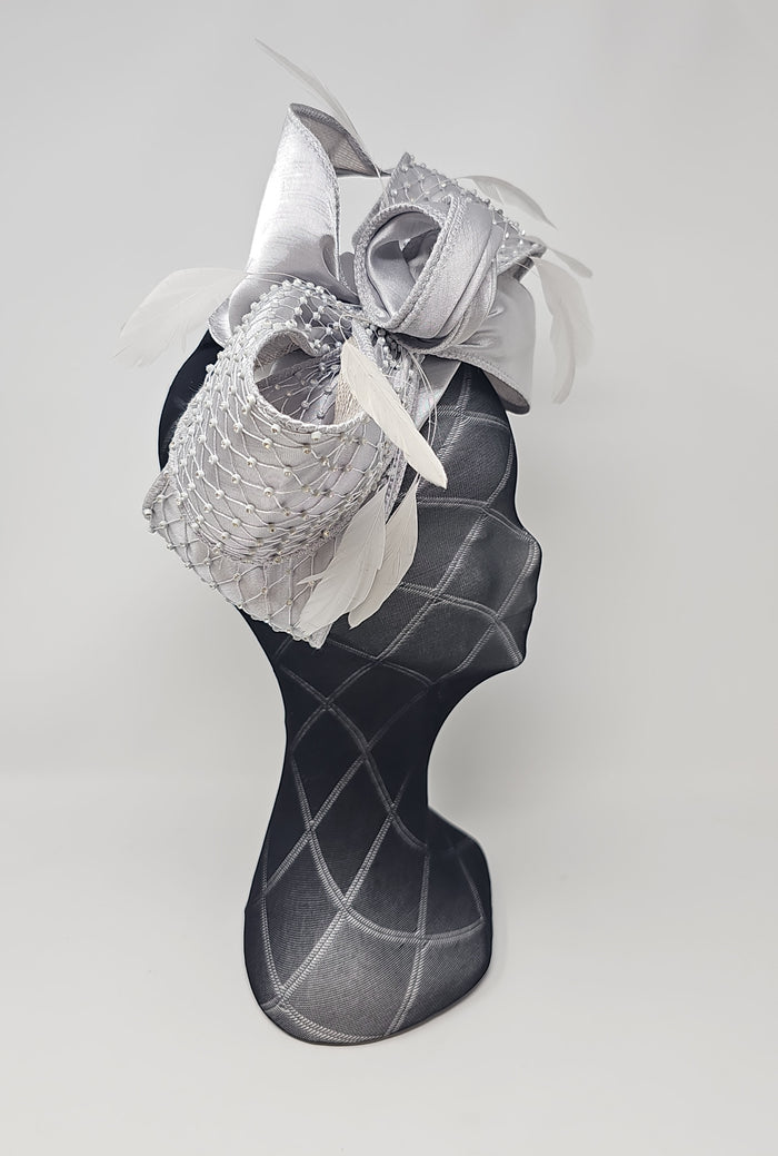 Snoxell & Gwyther Silver Satin Bow Hairband Fascinator