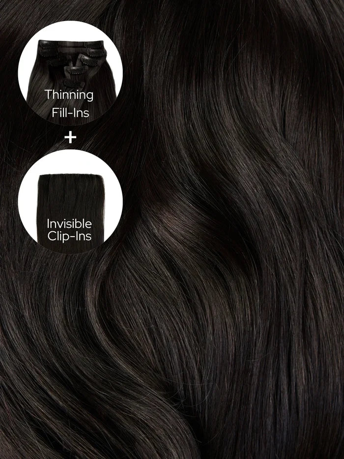 Soft Black (1C) Thinning Hair and Invisible Clip-Ins Bundle