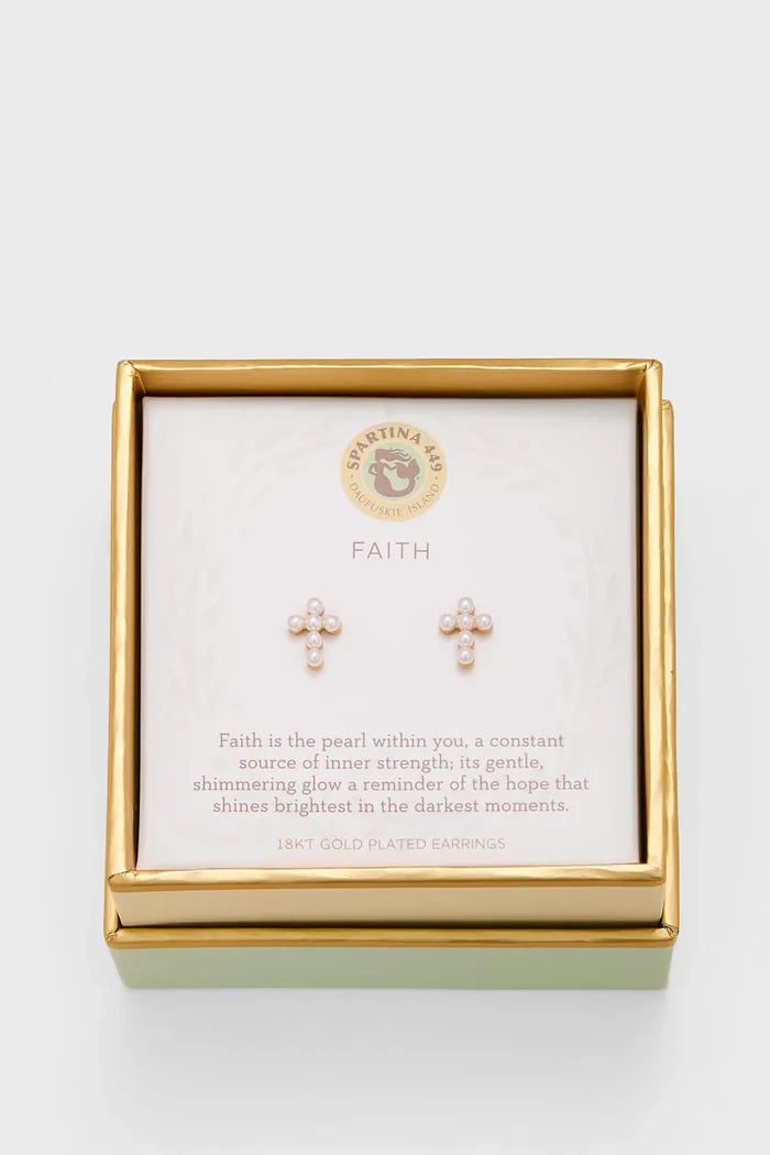 Spartina 449: Sea La Vie Stud Earrings Faith/Pearl Cross Gold