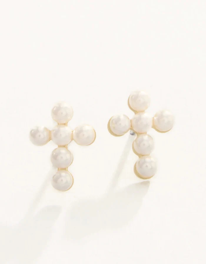 Spartina 449: Sea La Vie Stud Earrings Faith/Pearl Cross Gold