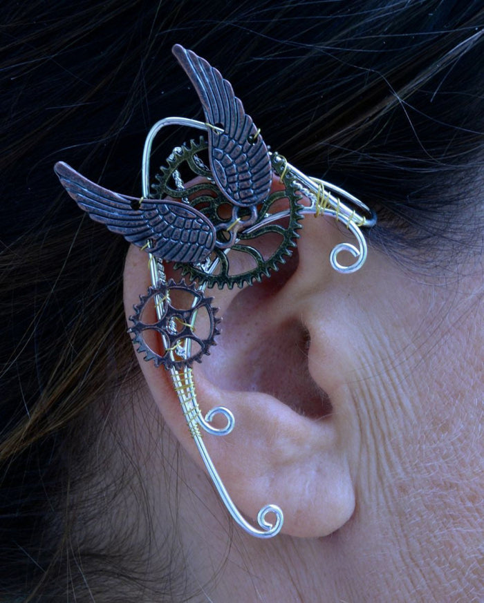 Steampunk winged elf ear cuff with gears fantasy ear wrap jewelry worn on ear