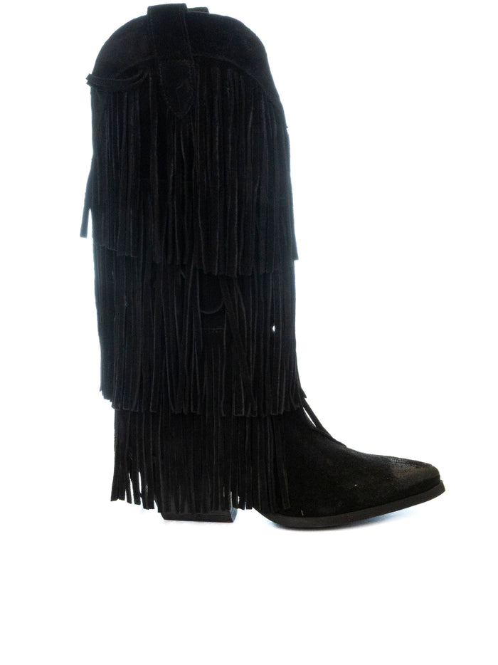 THE ICONA Stivale texano frangia camoscio nero TX85 CAM-NERO