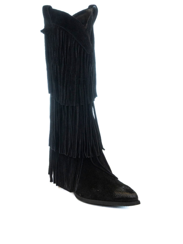 THE ICONA Stivale texano frangia camoscio nero TX85 CAM-NERO