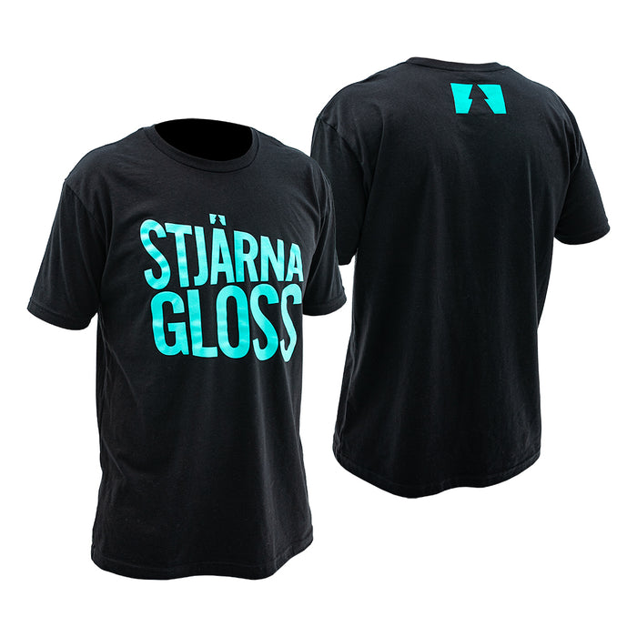 The front and back of a black tshirt with teal text that says 'Stjarnagloss' on the front and a teal logo on the back.