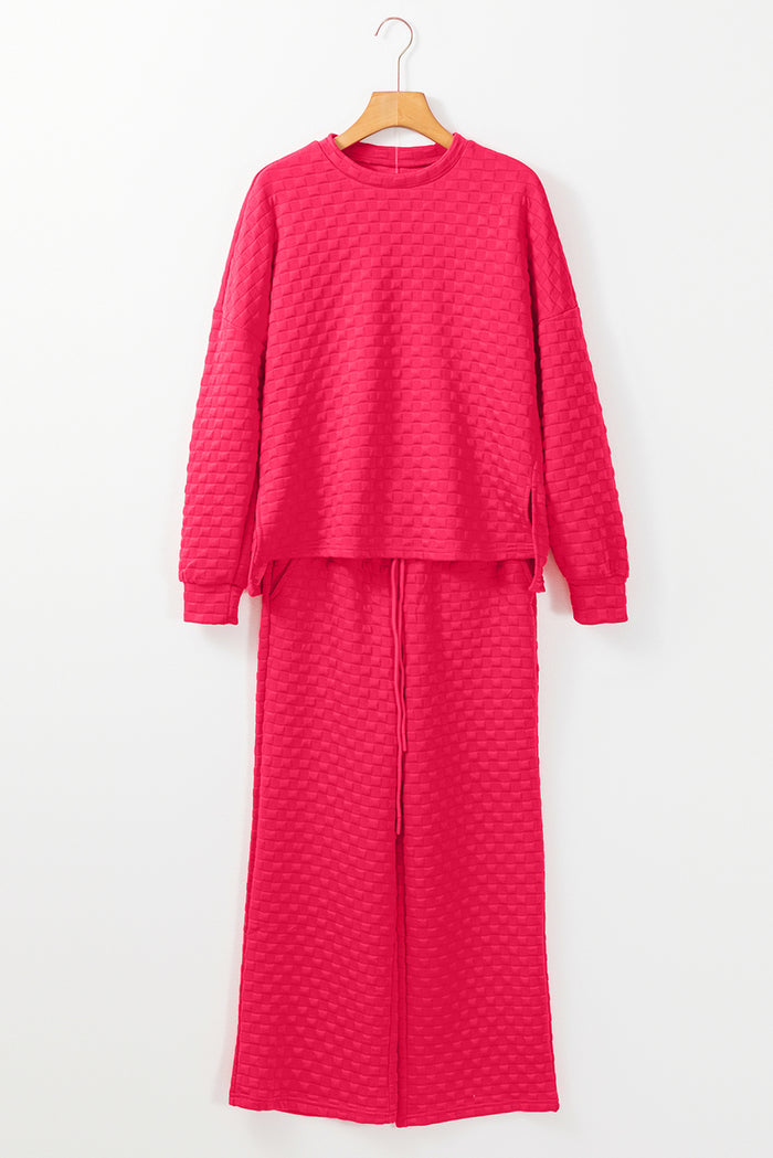 Strawberry Pink Checkered Textured Split Pullover Top and Pants Set 🇺🇸