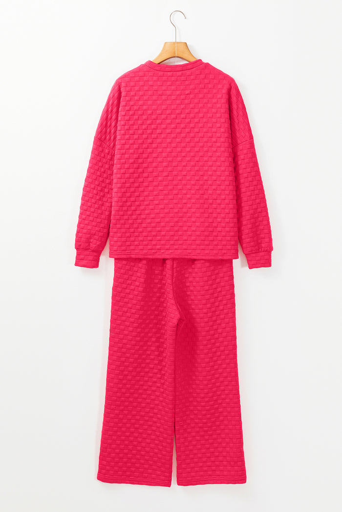 Strawberry Pink Checkered Textured Split Pullover Top and Pants Set 🇺🇸
