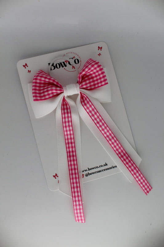 Streamer Tail School Hair Bow - Pink Gingham - Elastic