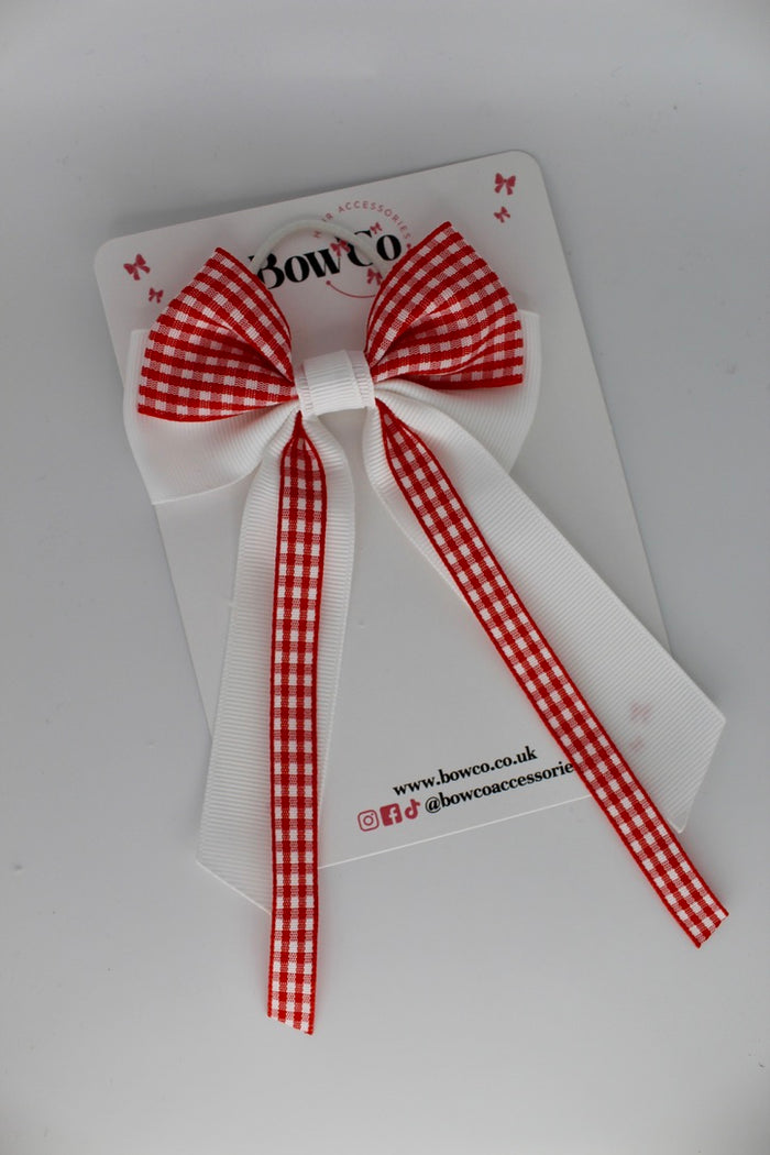 Streamer Tail School Hair Bow - Red Gingham - Elastic