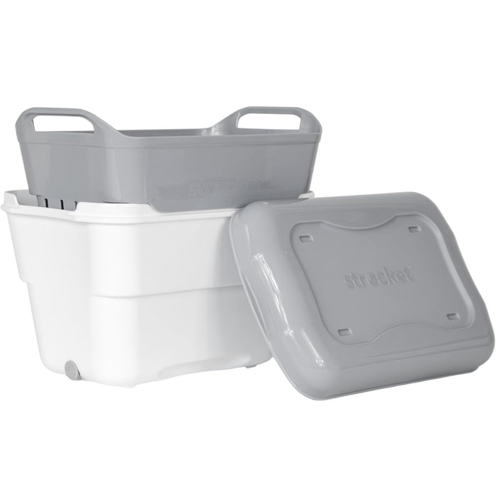Strucket Mini: One gallon white bucket with a grey strainer, lid, and drain plug.