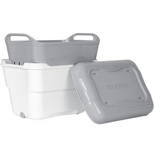 Strucket Mini: One gallon white bucket with a grey strainer, lid, and drain plug.