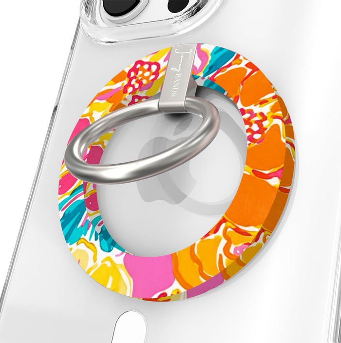 Sunset Hibiscus vibrant floral MagSafe phone grip ring with orange pink yellow and teal tropical pattern compatible with iPhone and Samsung