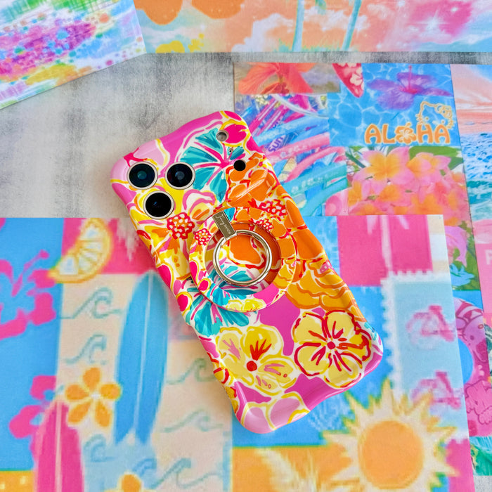 Sunset Hibiscus vibrant floral MagSafe phone grip ring with orange pink yellow and teal tropical pattern compatible with iPhone and Samsung