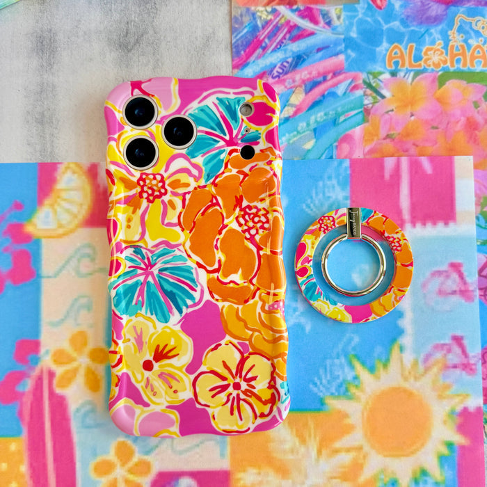 Sunset Hibiscus vibrant floral MagSafe phone grip ring with orange pink yellow and teal tropical pattern compatible with iPhone and Samsung