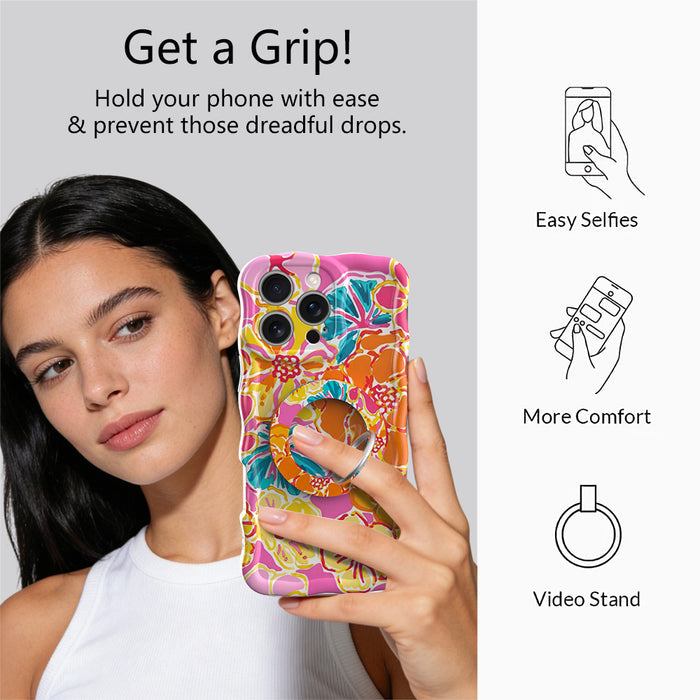 Sunset Hibiscus vibrant floral MagSafe phone grip ring with orange pink yellow and teal tropical pattern compatible with iPhone and Samsung