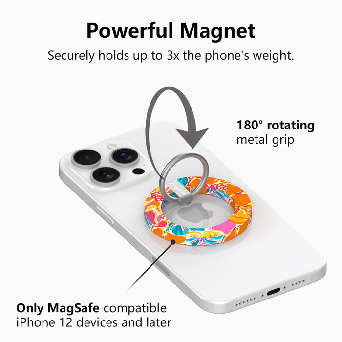 Sunset Hibiscus vibrant floral MagSafe phone grip ring with orange pink yellow and teal tropical pattern compatible with iPhone and Samsung