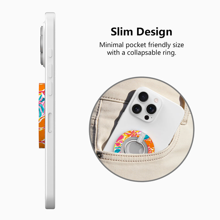 Sunset Hibiscus vibrant floral MagSafe phone grip ring with orange pink yellow and teal tropical pattern compatible with iPhone and Samsung