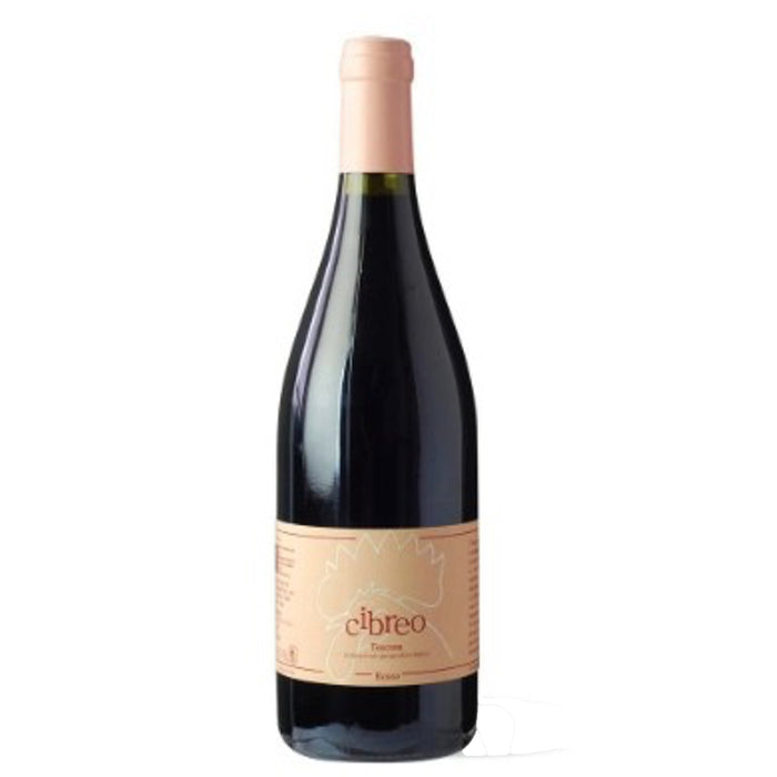 Tanganelli Cibreo Sangiovese 2017 wine bottle with cream label and pink foil cap