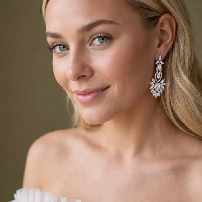 Wedding Jewelry - Silver Cubic Zirconia Bridal Earrings