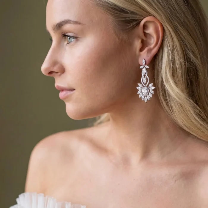 Wedding Jewelry - Silver Cubic Zirconia Bridal Earrings