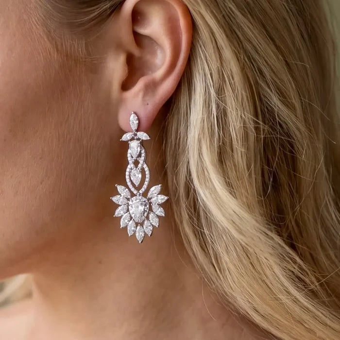 Wedding Jewelry - Silver Cubic Zirconia Bridal Earrings