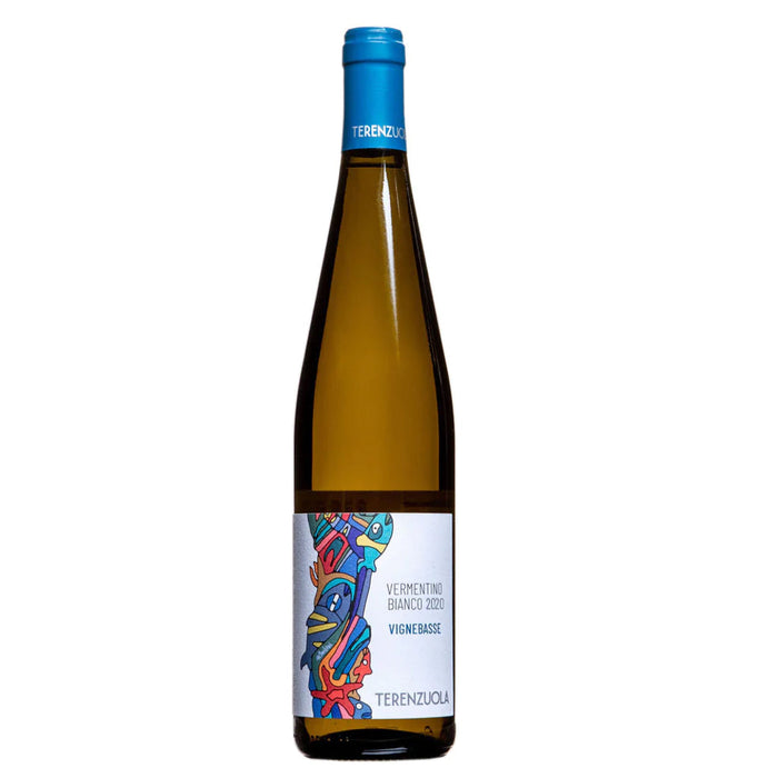 Terenzuola Vermentino 2024 wine bottle with blue cap and colorful label