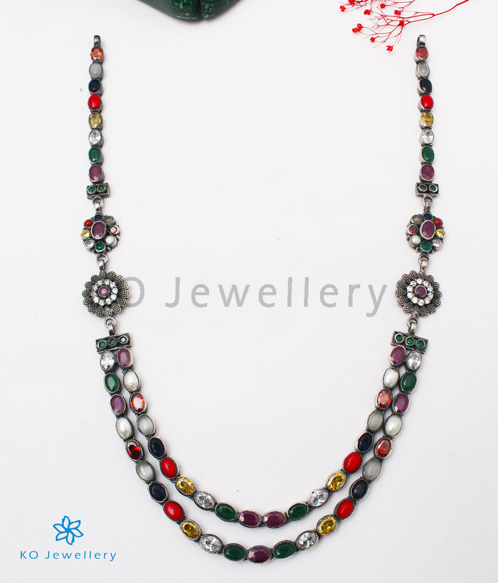 The Emaya Silver Navaratna Necklace(2 Layers/Oxidised)