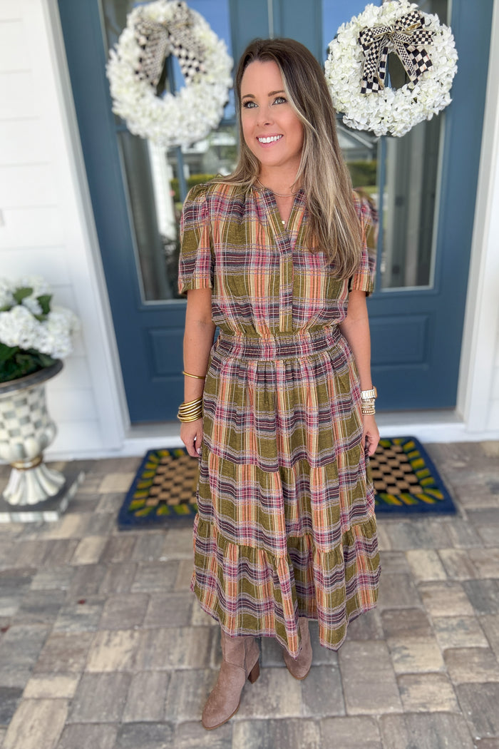 THML: Harvest Plaid Smocked Midi Dress - B Social Boutique