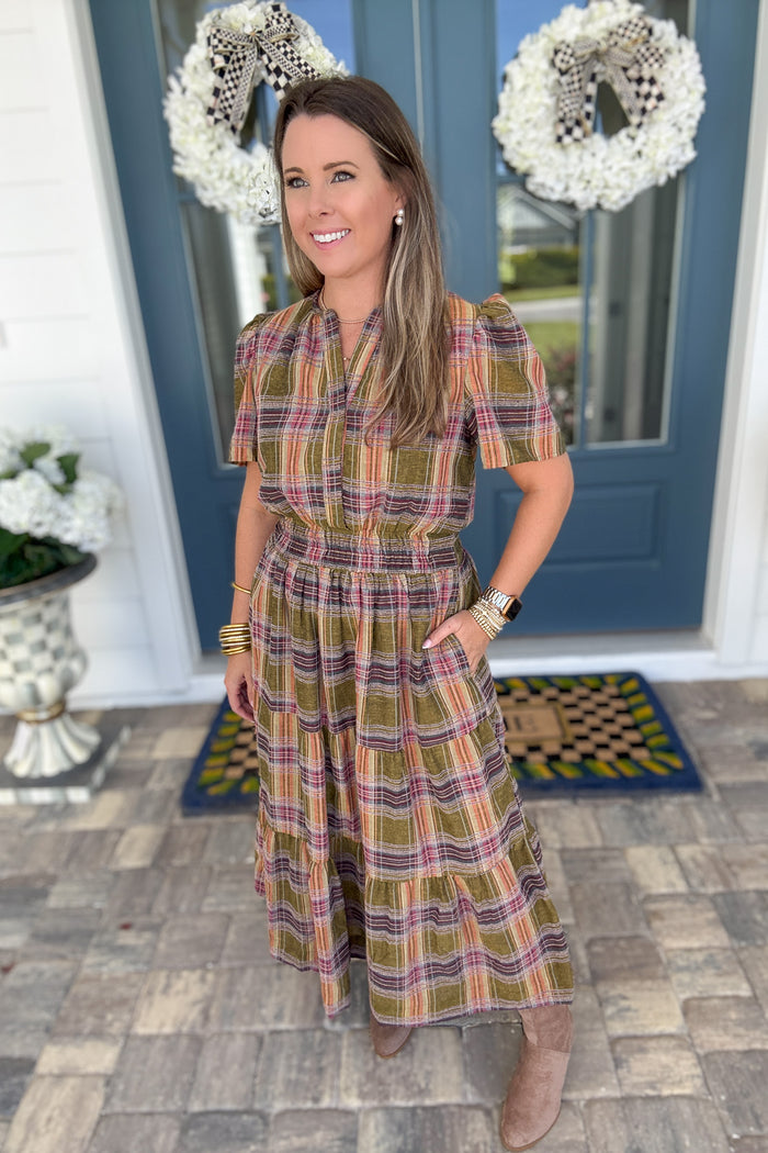 THML: Harvest Plaid Smocked Midi Dress - B Social Boutique