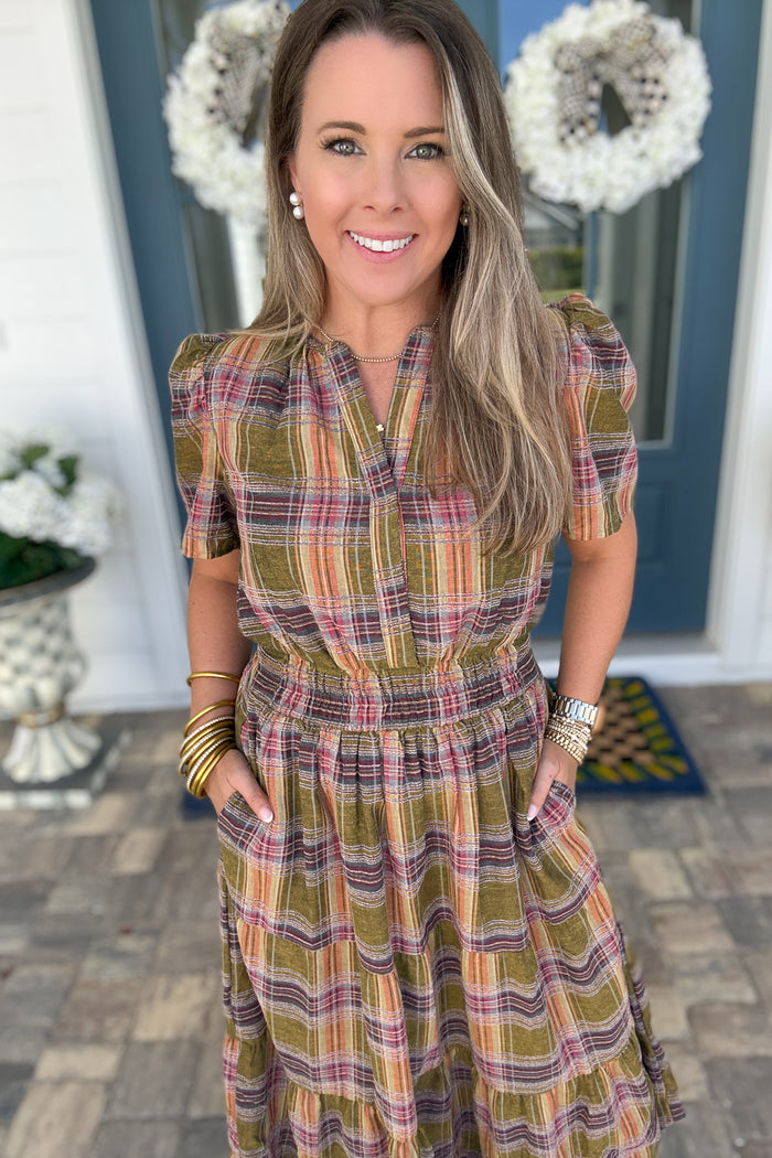 THML: Harvest Plaid Smocked Midi Dress - B Social Boutique