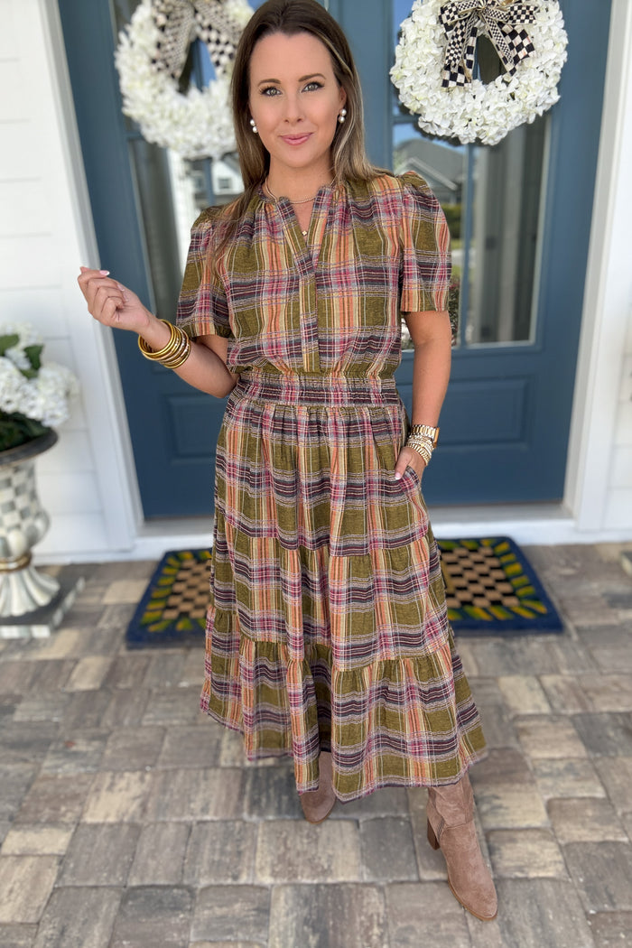 THML: Harvest Plaid Smocked Midi Dress - B Social Boutique
