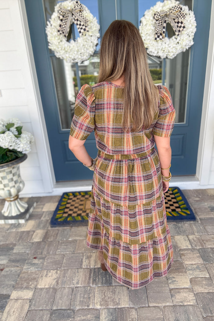 THML: Harvest Plaid Smocked Midi Dress - B Social Boutique