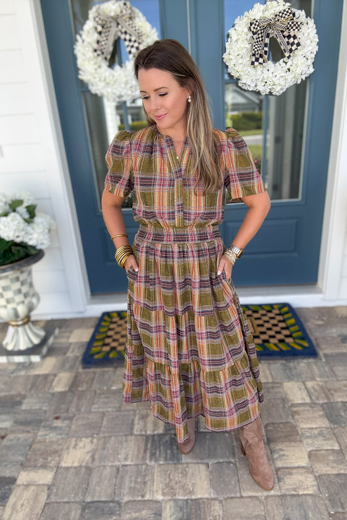 THML: Harvest Plaid Smocked Midi Dress - B Social Boutique