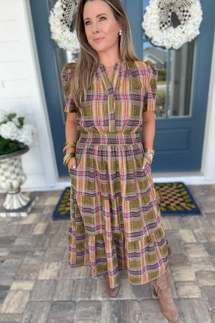 THML: Harvest Plaid Smocked Midi Dress - B Social Boutique
