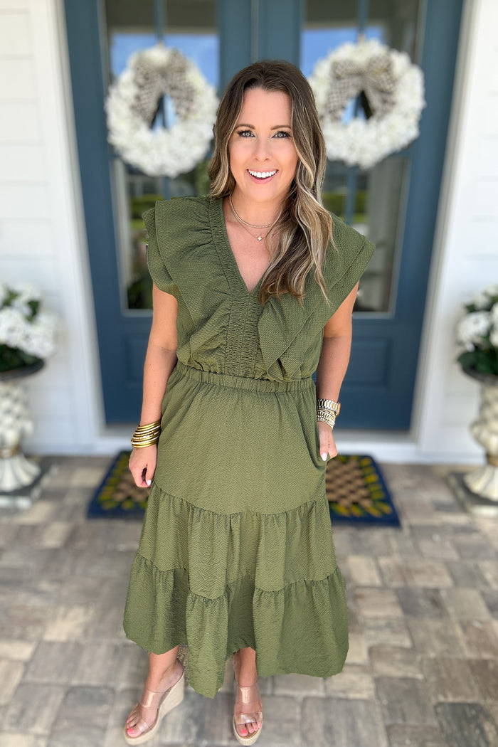 THML: Ruffle Dream Midi Dress - Hunter Green