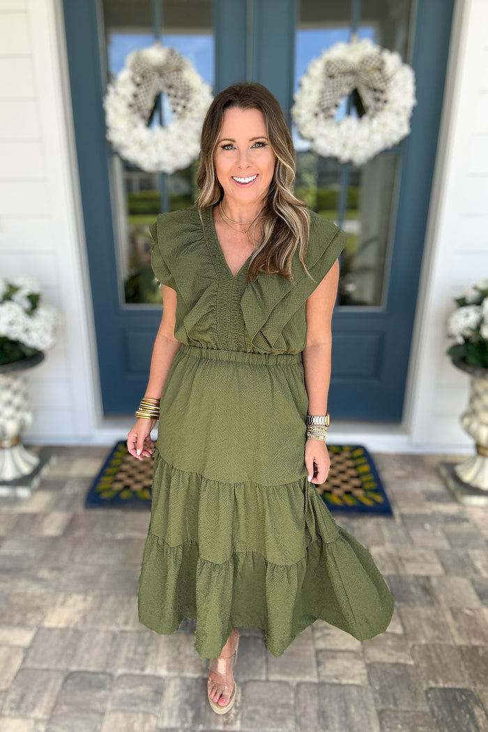 THML: Ruffle Dream Midi Dress - Hunter Green